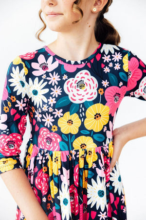 Midnight Floral 3/4 Sleeve Pocket Twirl Dress-Mila & Rose ®