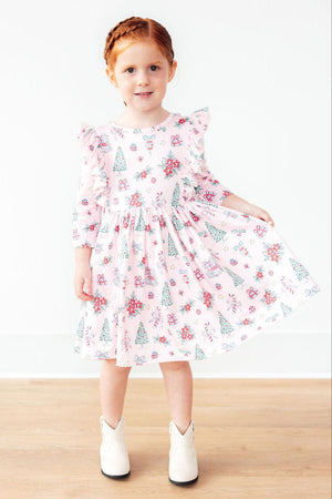 Pink Christmas 3/4 Sleeve Ruffle Twirl Dress-Mila & Rose ®