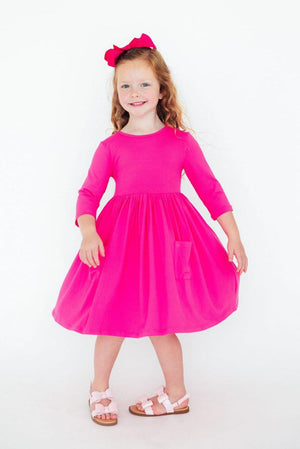 Hot Pink 3/4 Sleeve Pocket Twirl Dress-Mila & Rose ®