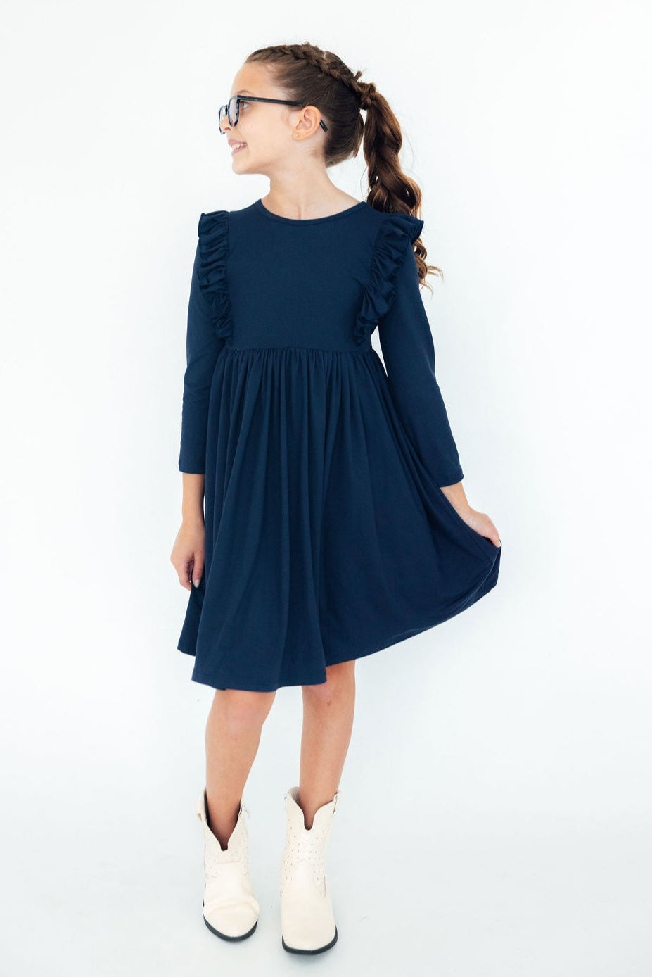 Navy L/S Ruffle Twirl Dress-Mila & Rose ®
