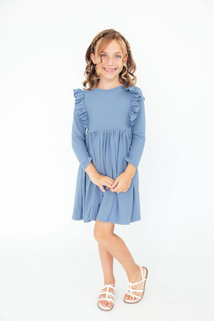 Dusty Blue L/S Ruffle Twirl Dress-Mila & Rose ®