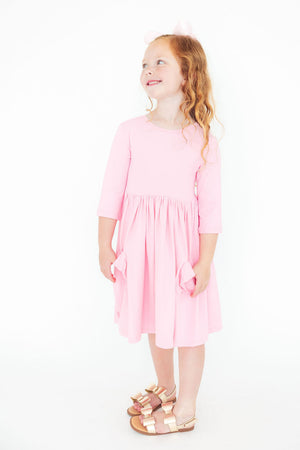 Bubblegum Pink 3/4 Sleeve Pocket Twirl Dress-Mila & Rose ®