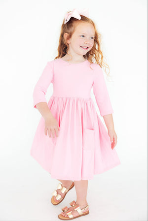 Bubblegum Pink 3/4 Sleeve Pocket Twirl Dress-Mila & Rose ®
