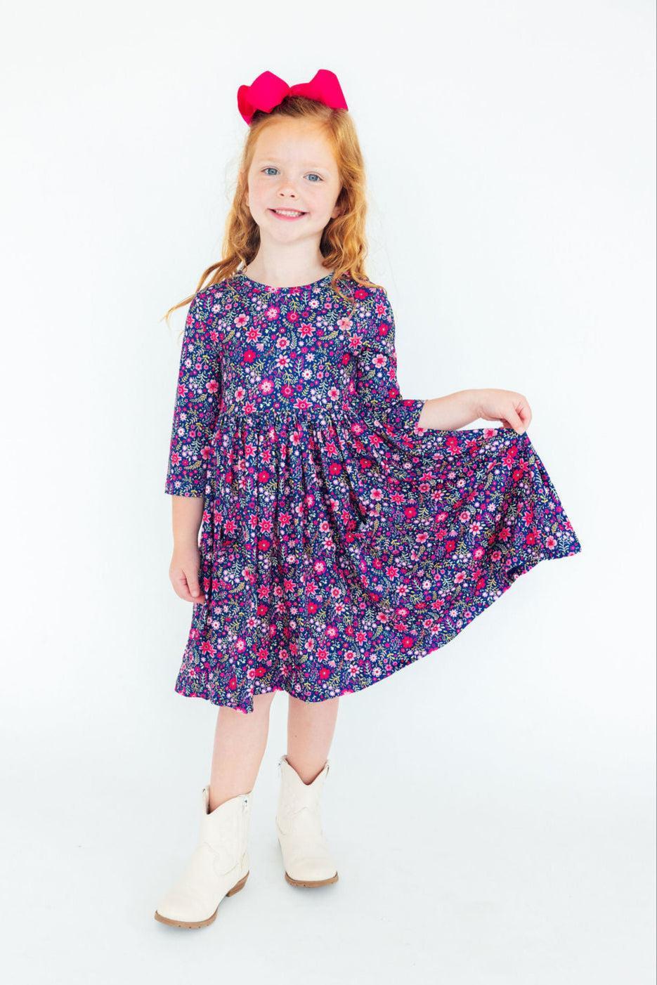 (S) Flower Farm 3/4 Sleeve Pocket Twirl Dress-Mila & Rose ®
