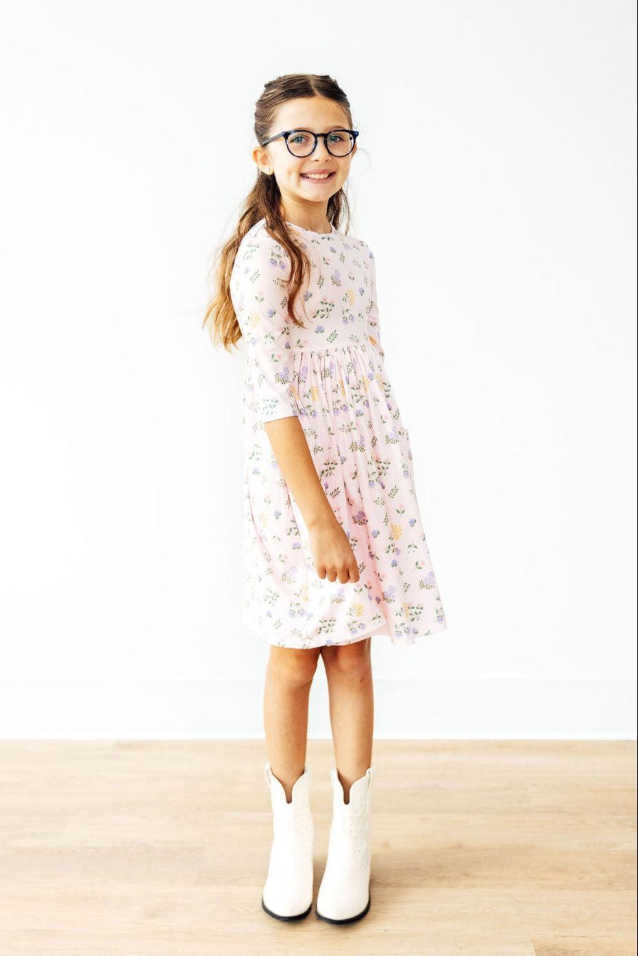 Pastel Petals 3/4 Sleeve Pocket Twirl Dress-Mila & Rose ®