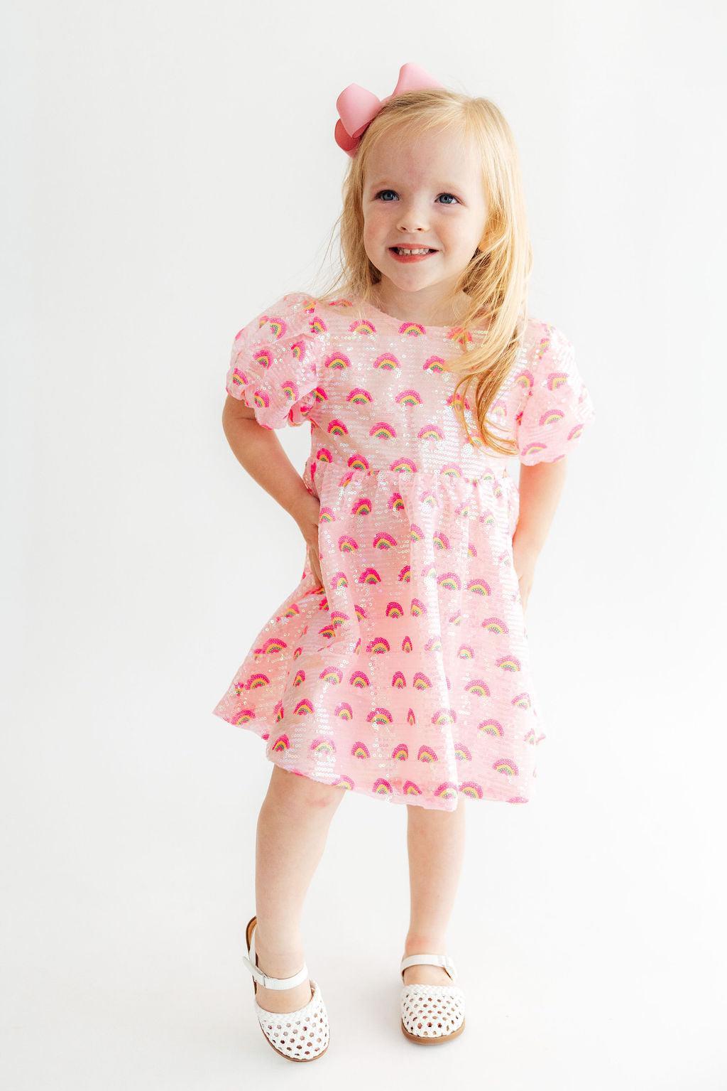 Pink Rainbow Puff Sleeve Sequin Dress-Mila & Rose ®