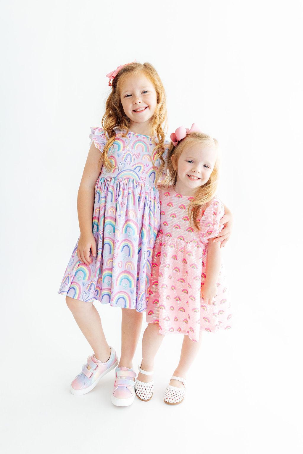 Pink Rainbow Puff Sleeve Sequin Dress-Mila & Rose ®