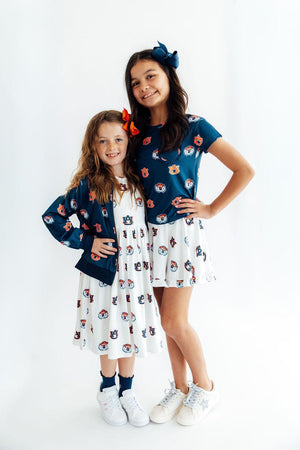 Auburn White Aubie 3/4 Sleeve Pocket Twirl Dress-Mila & Rose ®