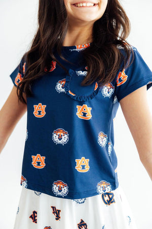 Auburn Blue Aubie Ruffle Pocket Tee-Mila & Rose ®