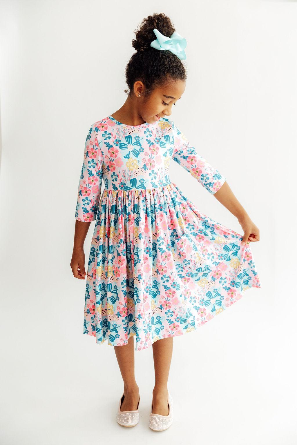 Floral Garden 3/4 Sleeve Pocket Twirl Dress-Mila & Rose ®