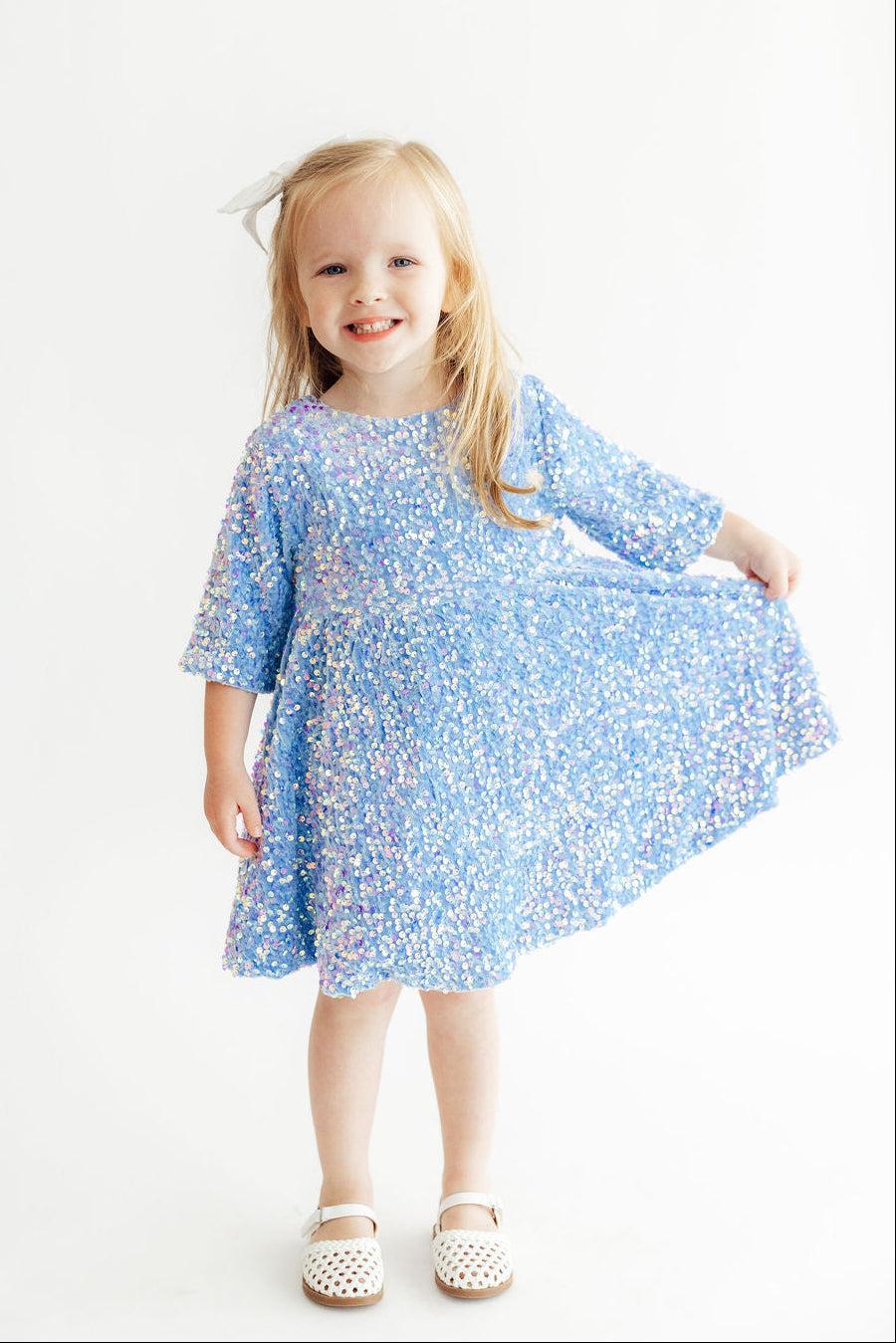 Light Blue Velvet Sequin Dress-Mila & Rose ®