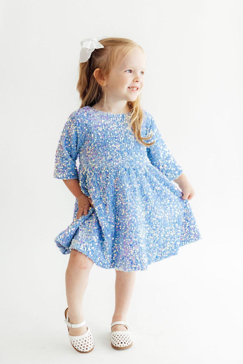 Light Blue Velvet Sequin Dress-Mila & Rose ®