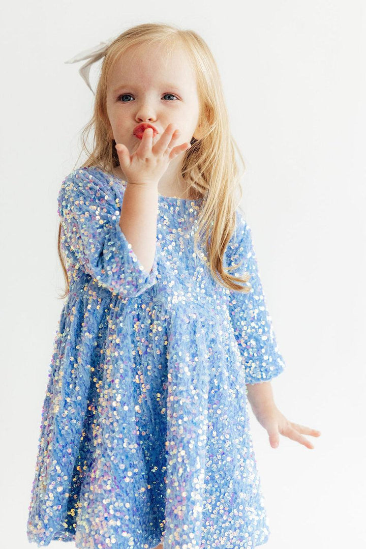 Light Blue Velvet Sequin Dress-Mila & Rose ®