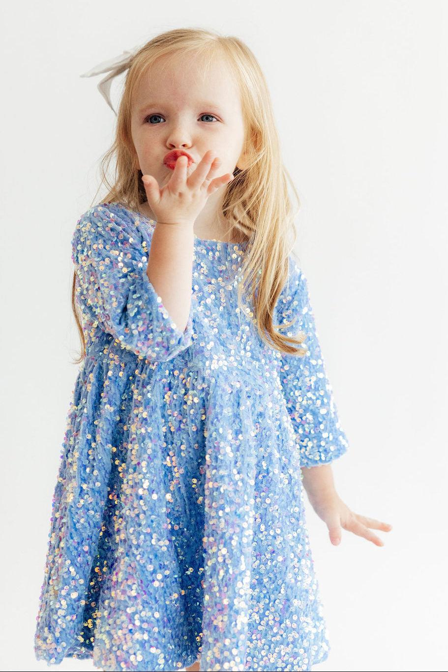 Light Blue Velvet Sequin Dress-Mila & Rose ®