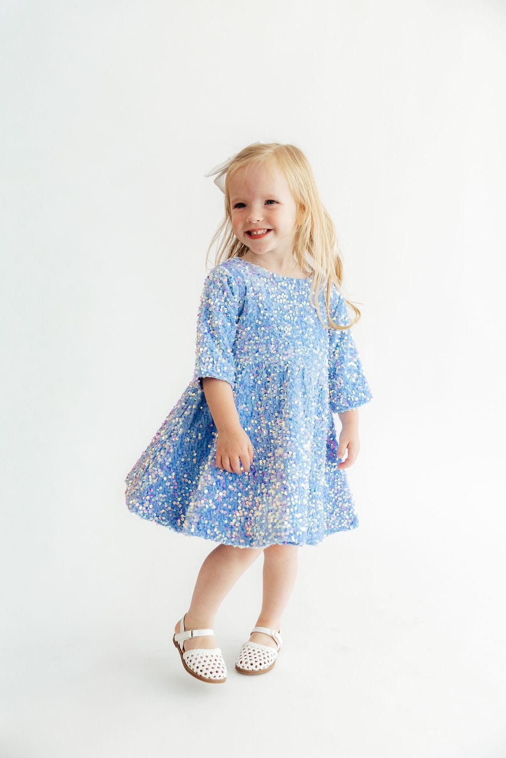 Light Blue Velvet Sequin Dress-Mila & Rose ®