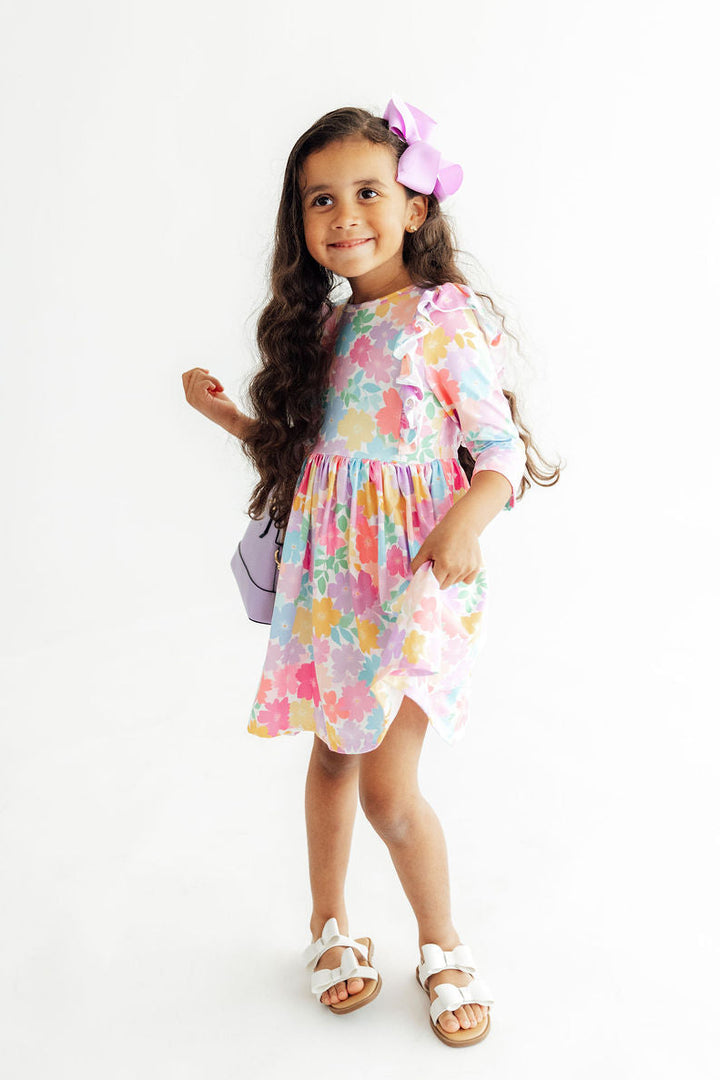 Colorful Carnations 3/4 Sleeve Ruffle Twirl Dress-Mila & Rose ®
