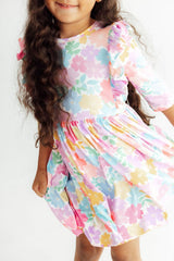 Colorful Carnations 3/4 Sleeve Ruffle Twirl Dress-Mila & Rose ®