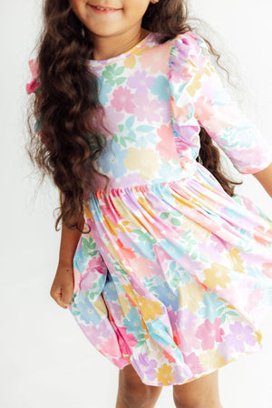 Colorful Carnations 3/4 Sleeve Ruffle Twirl Dress-Mila & Rose ®