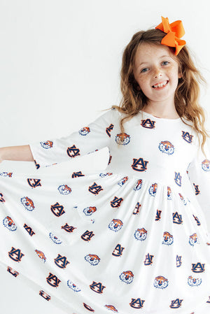 Auburn White Aubie 3/4 Sleeve Pocket Twirl Dress-Mila & Rose ®