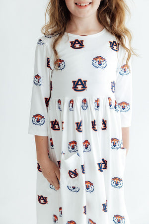 Auburn White Aubie 3/4 Sleeve Pocket Twirl Dress-Mila & Rose ®