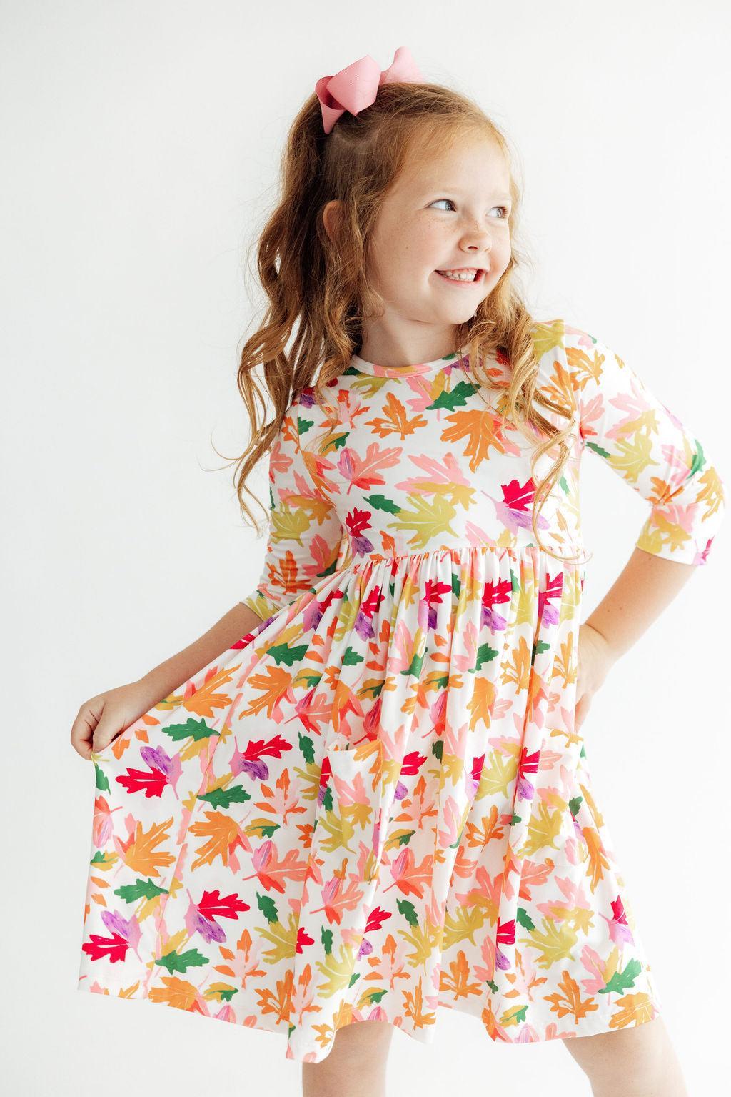 Girls' Falling Leaves 3/4 Sleeve Pocket Twirl Dress Size: 9/10 By Mila & Rose