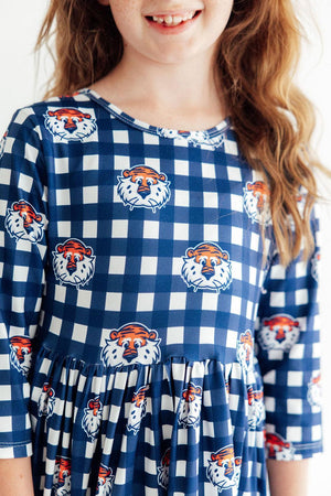 Auburn Plaid Aubie 3/4 Sleeve Pocket Twirl Dress-Mila & Rose ®