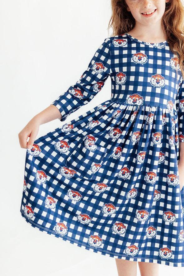 Auburn Plaid Aubie 3/4 Sleeve Pocket Twirl Dress-Mila & Rose ®