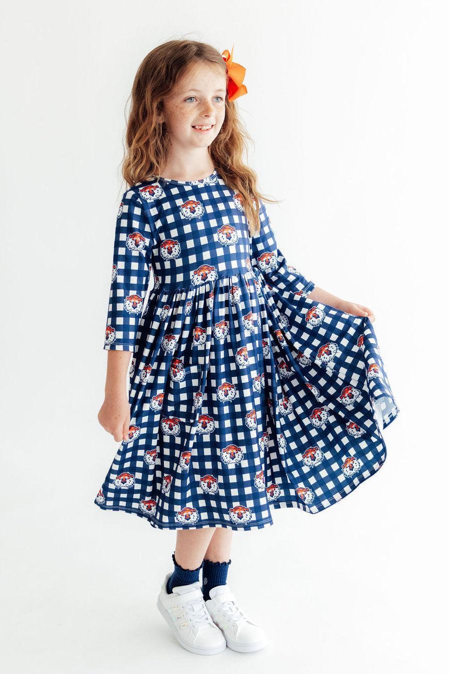 Auburn Plaid Aubie 3/4 Sleeve Pocket Twirl Dress-Mila & Rose ®