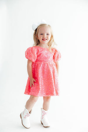 Neon Pink Puff Sleeve Sequin Dress-Mila & Rose ®