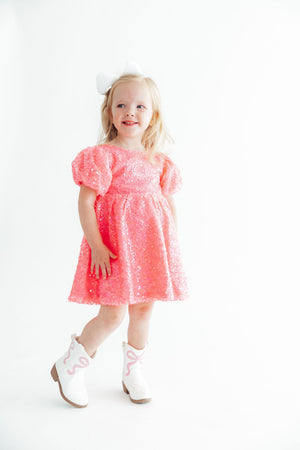 Neon Pink Puff Sleeve Sequin Dress-Mila & Rose ®