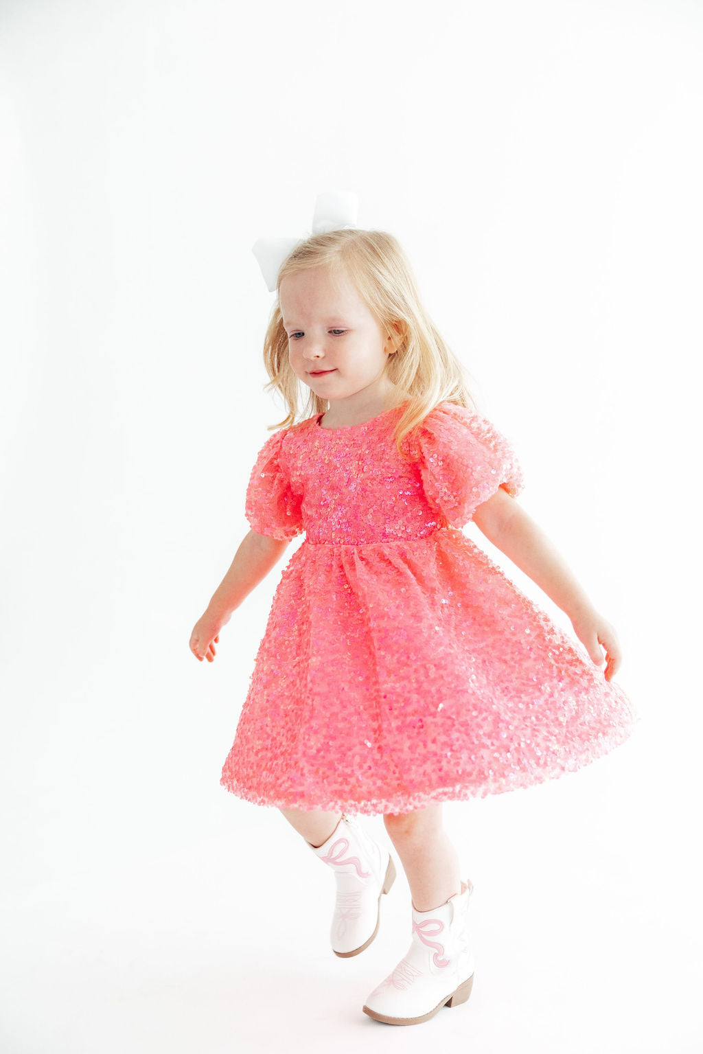 Neon Pink Puff Sleeve Sequin Dress-Mila & Rose ®