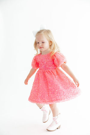 Neon Pink Puff Sleeve Sequin Dress-Mila & Rose ®
