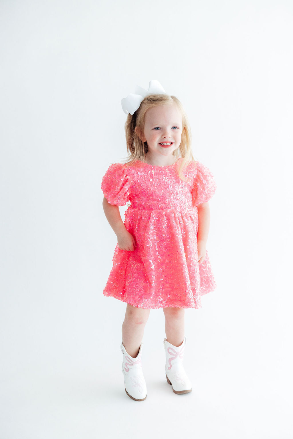 Neon Pink Puff Sleeve Sequin Dress-Mila & Rose ®