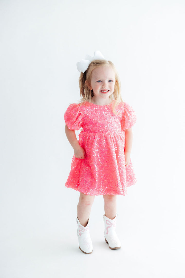 Neon Pink Puff Sleeve Sequin Dress-Mila & Rose ®