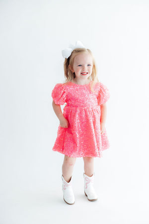 Neon Pink Puff Sleeve Sequin Dress-Mila & Rose ®