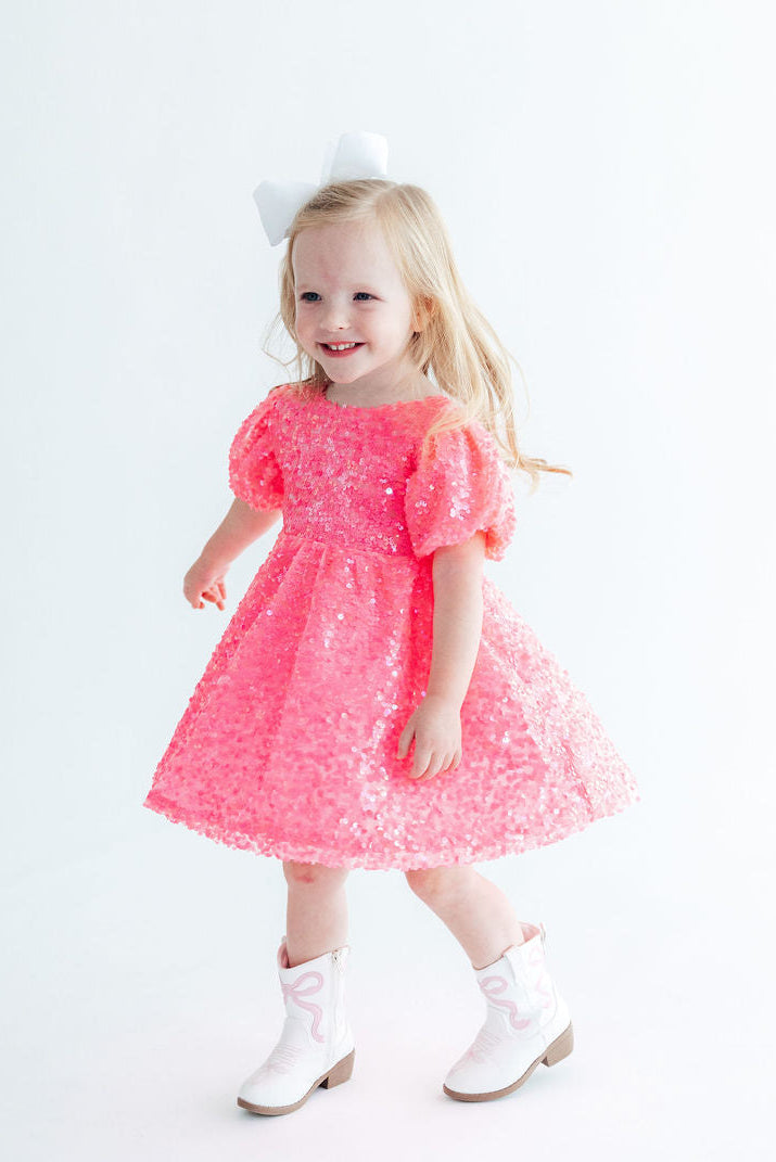 Neon Pink Puff Sleeve Sequin Dress-Mila & Rose ®