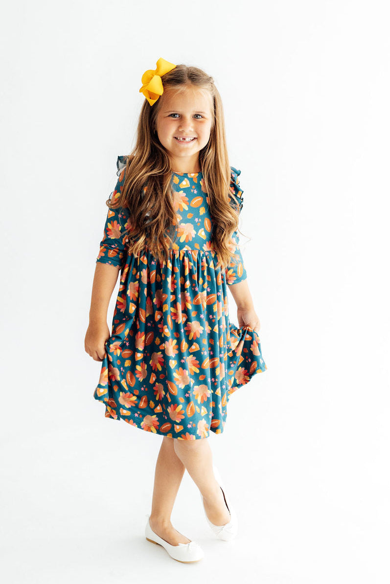Gobble til You Wobble 3/4 Sleeve Ruffle Twirl Dress-Mila & Rose ®