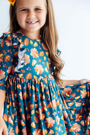 Gobble til You Wobble 3/4 Sleeve Ruffle Twirl Dress-Mila & Rose ®