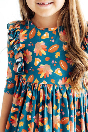 Gobble til You Wobble 3/4 Sleeve Ruffle Twirl Dress-Mila & Rose ®