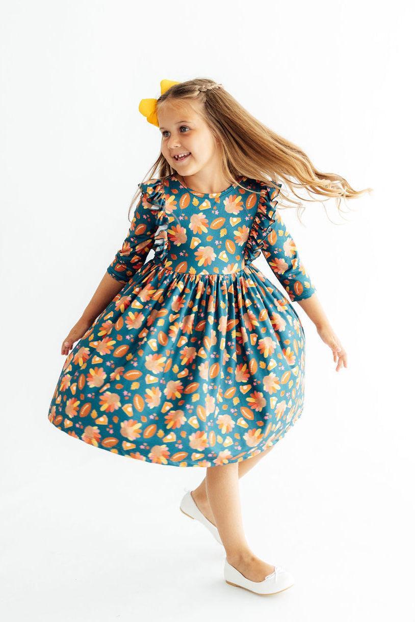 Gobble til You Wobble 3/4 Sleeve Ruffle Twirl Dress-Mila & Rose ®
