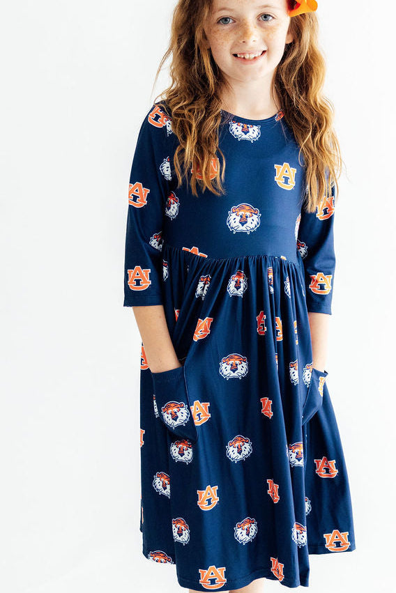 Auburn Blue Aubie 3/4 Sleeve Pocket Twirl Dress-Mila & Rose ®