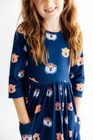 Auburn Blue Aubie 3/4 Sleeve Pocket Twirl Dress-Mila & Rose ®