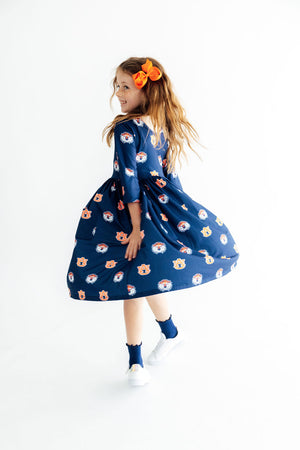 Auburn Blue Aubie 3/4 Sleeve Pocket Twirl Dress-Mila & Rose ®