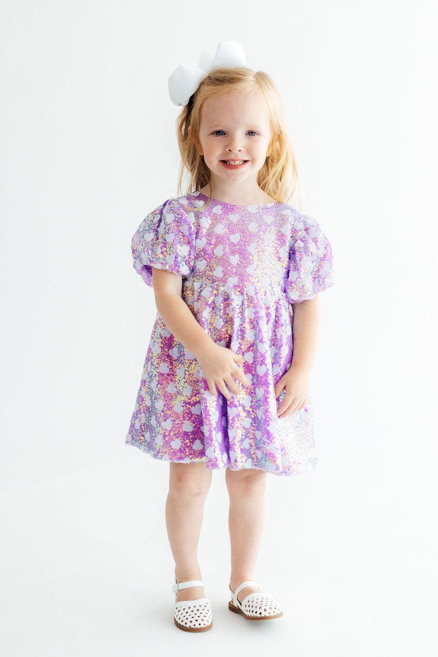 Periwinkle Heart Puff Sleeve Sequin Dress-Mila & Rose ®