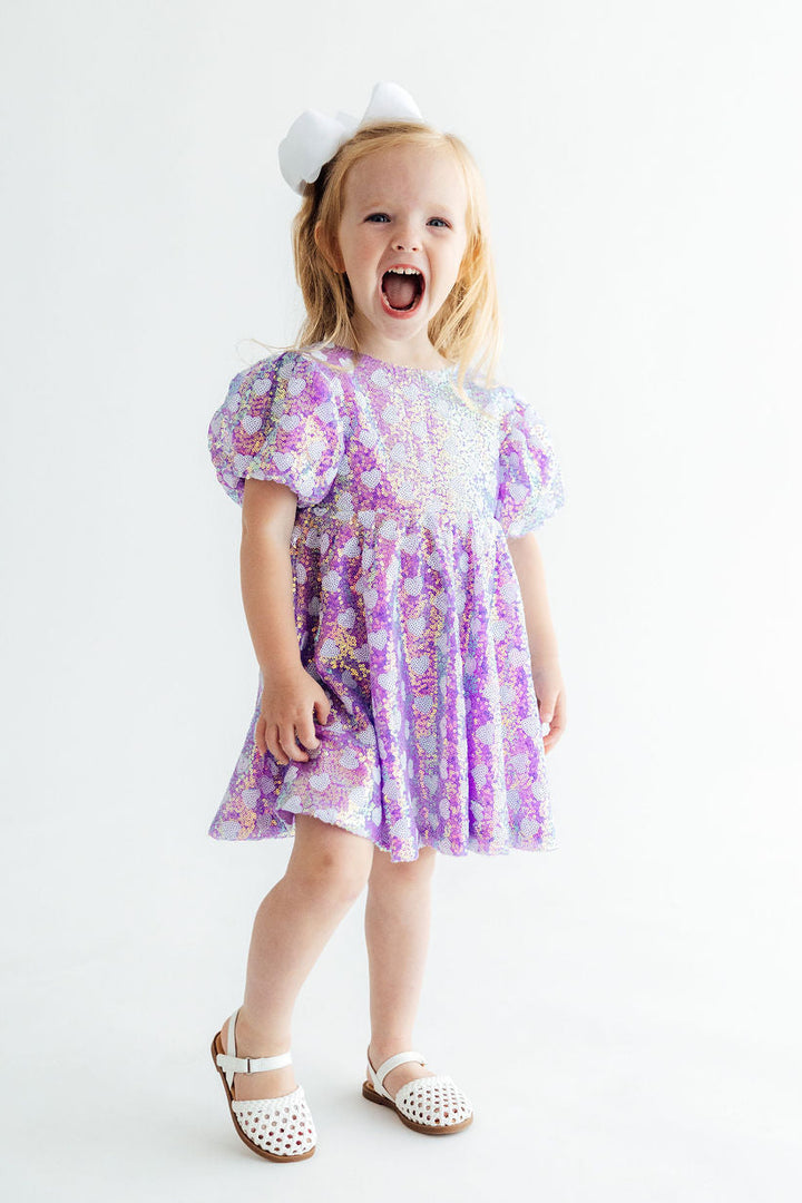 Periwinkle Heart Puff Sleeve Sequin Dress-Mila & Rose ®