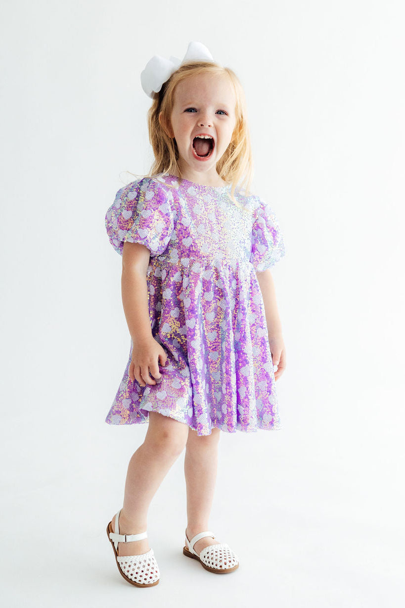 Periwinkle Heart Puff Sleeve Sequin Dress-Mila & Rose ®