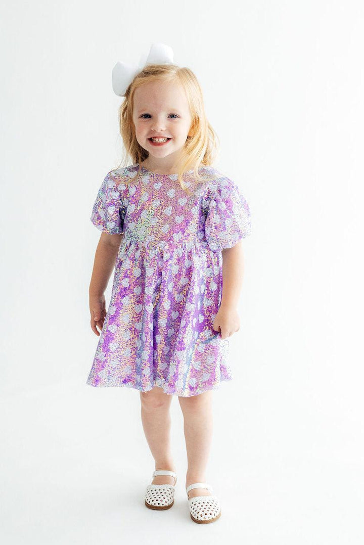 Periwinkle Heart Puff Sleeve Sequin Dress-Mila & Rose ®