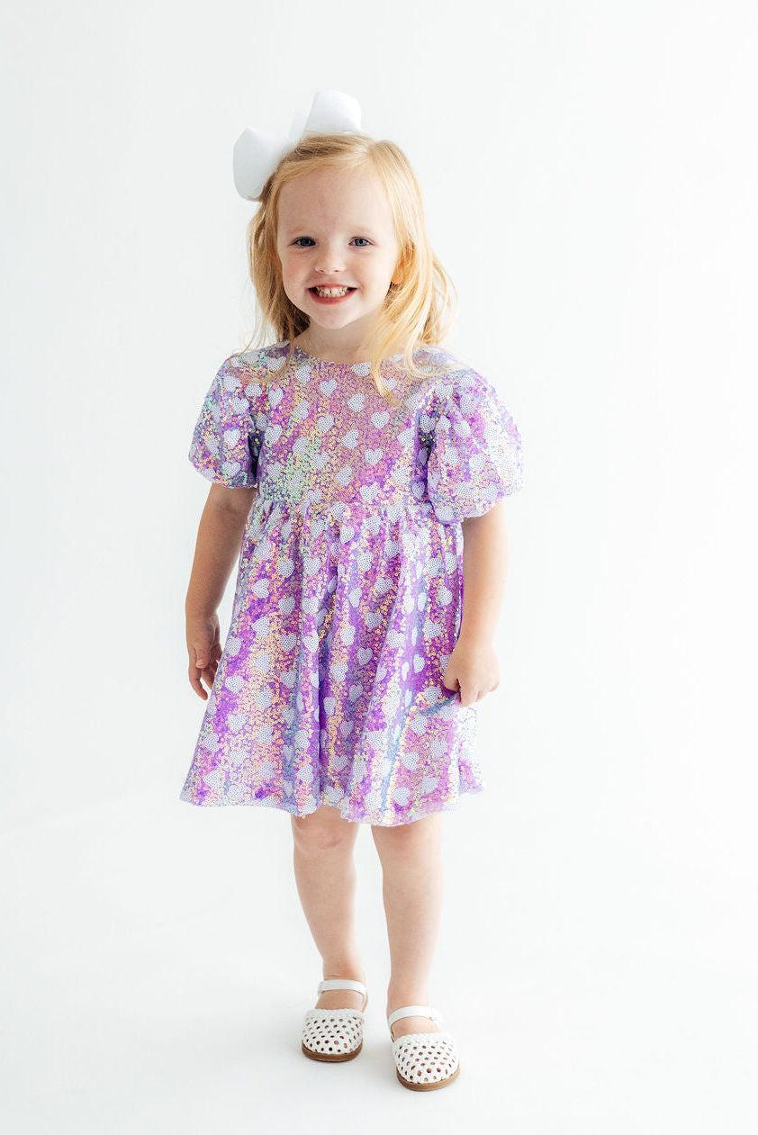 Periwinkle Heart Puff Sleeve Sequin Dress-Mila & Rose ®