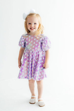 Periwinkle Heart Puff Sleeve Sequin Dress-Mila & Rose ®