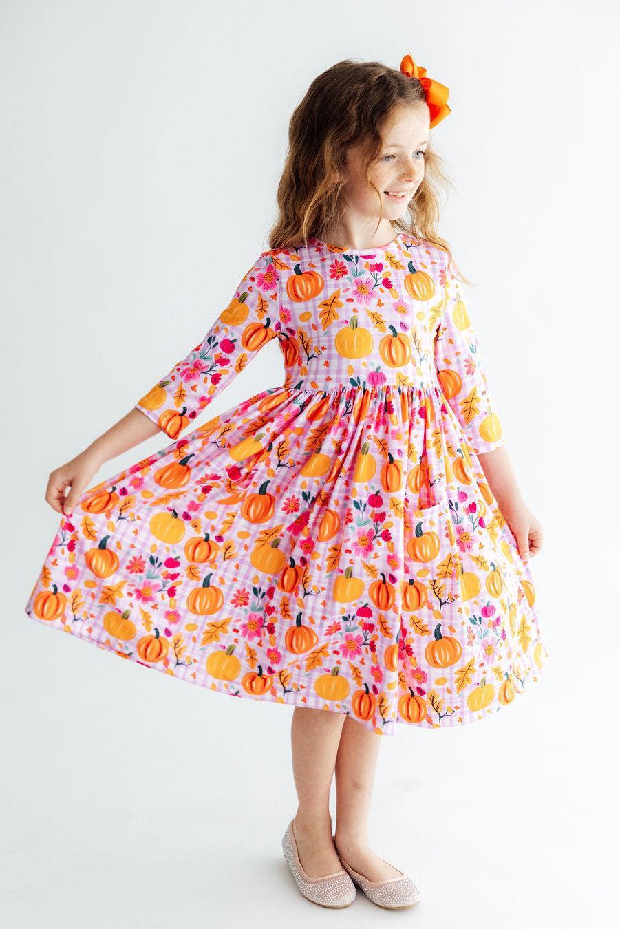 Pumpkin Party 3/4 Sleeve Pocket Twirl Dress-Mila & Rose ®